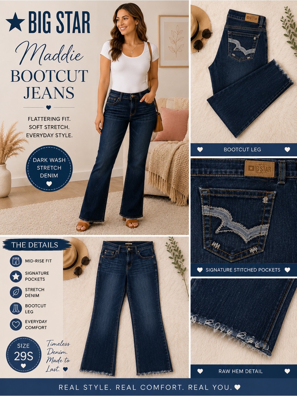 Big Star Maddie Bootcut Jeans Women’s Size 29S Dark Wash Stretch Denim Y2K